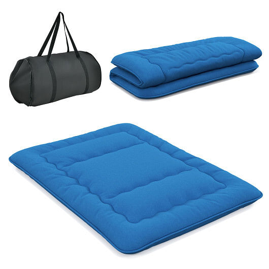 Foldable Futon Mattress with Washable Cover and Carry Bag for Camping Blue-Queen Size