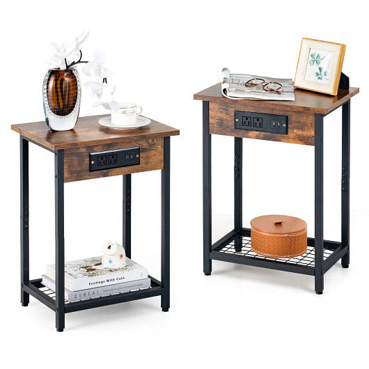 2 Pieces Bedside Nightstand Set with Open Shelf and Charging Station-Rustic Brown