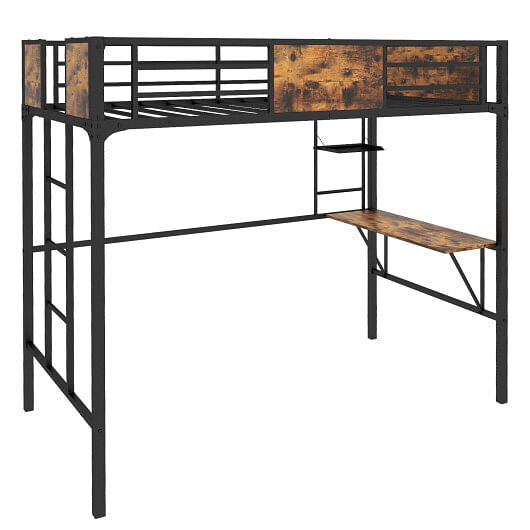 Twin Size Industrial Metal Loft Bed with Desk Storage Shelf and Build-in Ladder-Twin Size