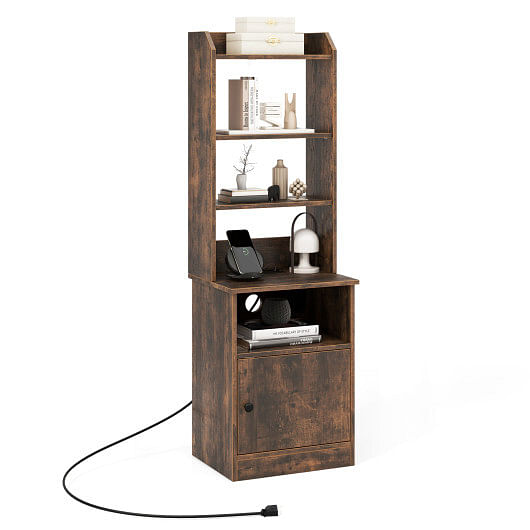 Bedside Tables Tall Nightstands with 5 Open Shelf and Cabinet-Rustic Brown