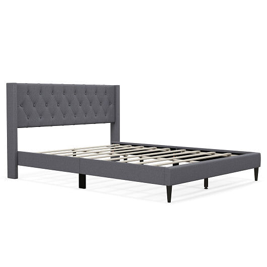 Queen Size Upholstered Platform Bed with Button Tufted Wingback Headboard-Gray