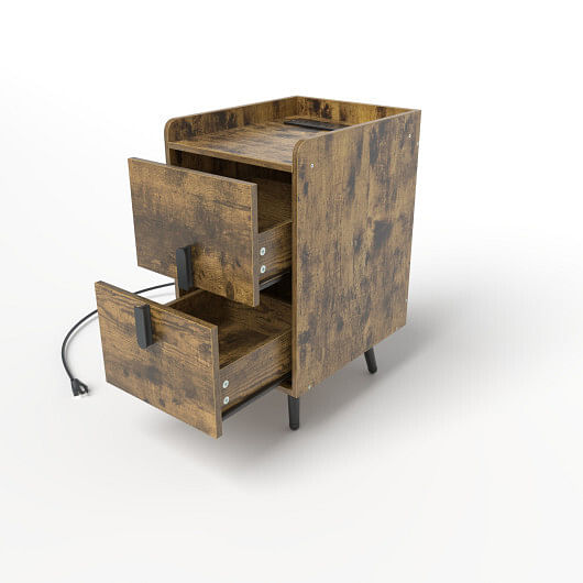 Nightstand Side Tables with 2 Drawers and 2 USB Ports-Rustic Brown