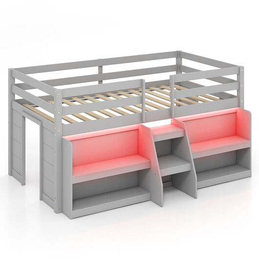 Twin Size Loft Bed with LED Lights with Staircase and Safety Guardrail-Gray