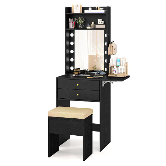 Compact Vanity Desk Set with 3-Color Lighted Mirror and Power Outlets-White