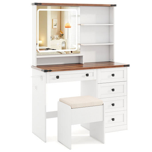 Farmhouse Vanity Set with Mirror and 3-Color Lighting-White