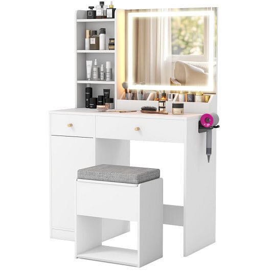 Vanity Dressing Table and Chair Set with Mirror and Lights-White