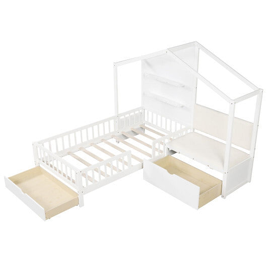 Twin Size House Bed Kids Platform Bed with Padded Bench-White