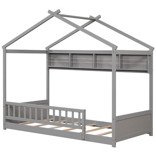 Twin Size House Bed with Storage Shelf and Headboard-Gray