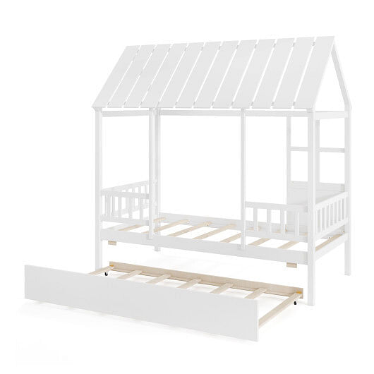 Twin Size House Bed with Trundle Kids Platform Bed with Roof Window-White
