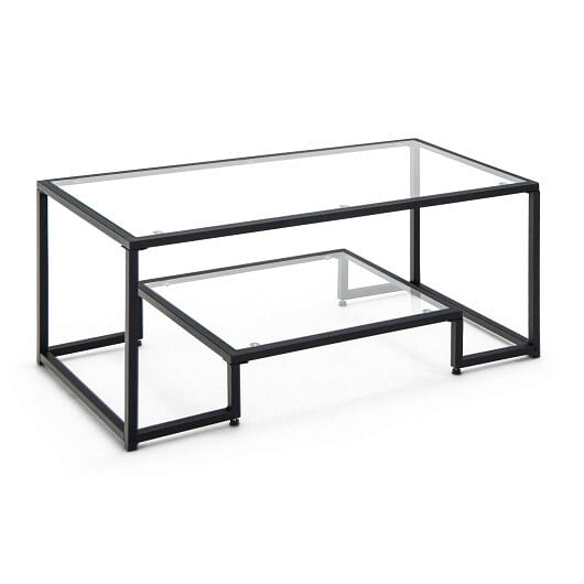 Modern 2-Tier Rectangular Coffee Table with Glass Table Top-Golden