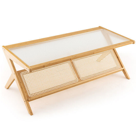 Z-Shaped Handwoven Bamboo Coffee Table with Tempered Glass Top-Natural