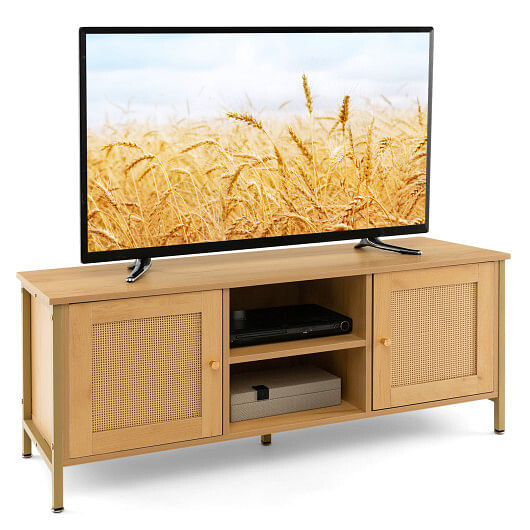 Boho TV Stand for TV up to 55 Inches with Faux Rattan Door-Natural