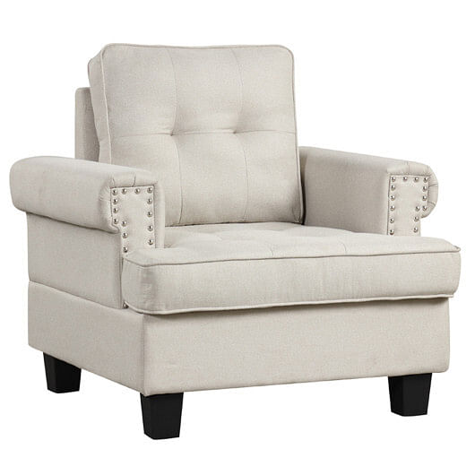 Mid-century Modern Accent Armchair Tufted Linen Club Chair-Beige