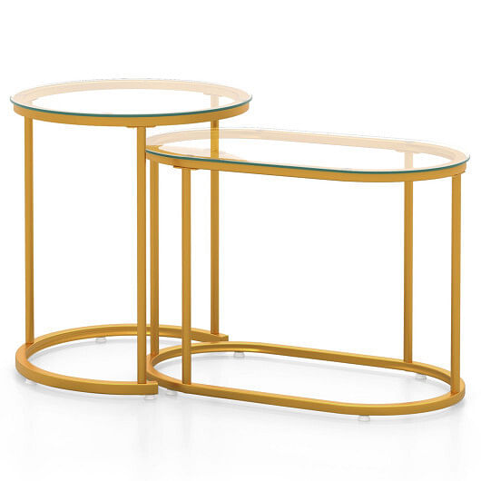 Nesting Coffee Table Set of 2 with Tempered Glass Tabletop-Golden