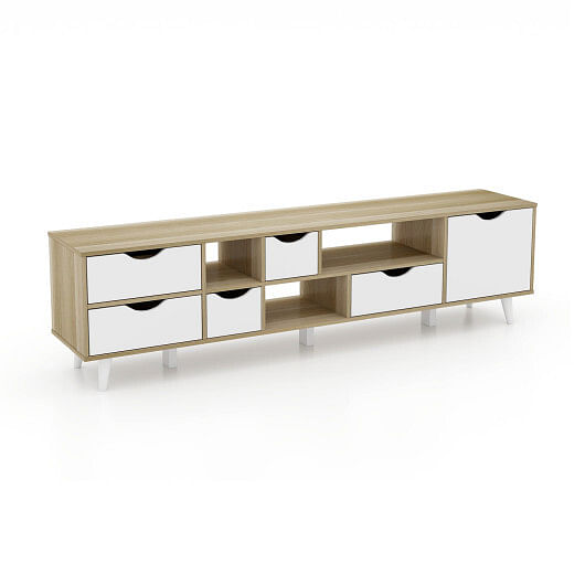 TV Stand for TVs up to 65″ Television Cabinet? w/ 5 Drawers & 3 Open Shelves-Oak