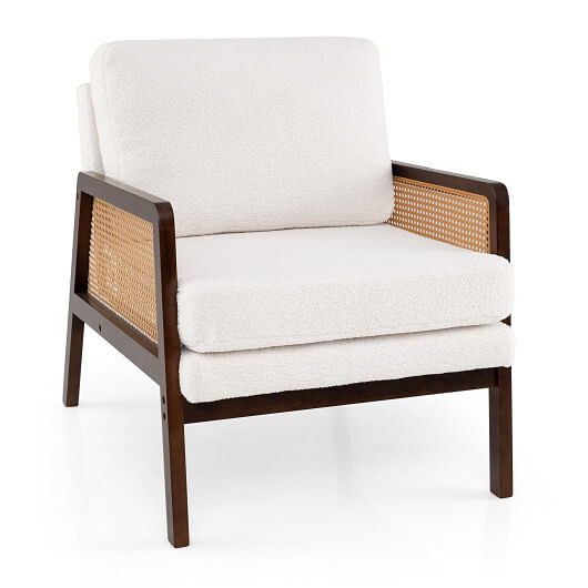 Mid Century Modern Accent Chair with Rattan Arms and Cushion-Brown
