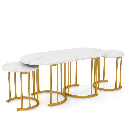 Nesting Coffee Table Set of 3 with Faux Marble Tabletop and Powder-coated Gold Metal Frame-White