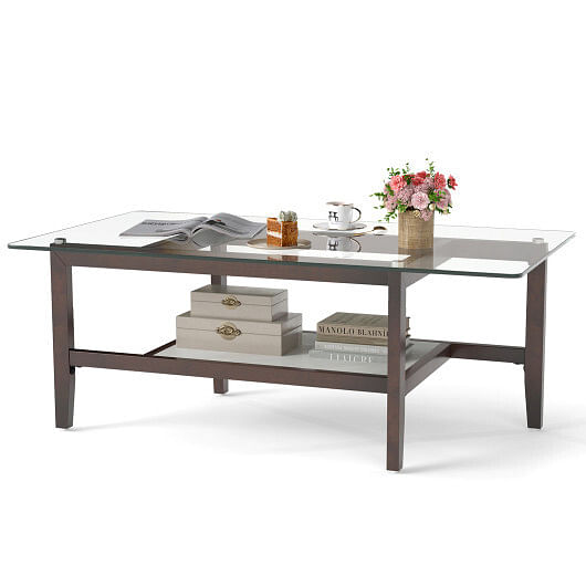 42 Inch Rectangular 2-Tier Glass Coffee Table with Storage Shelf-Brown