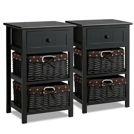 Set of 2 3-Layer 1 Drawer Wood Bedside End Table-Black