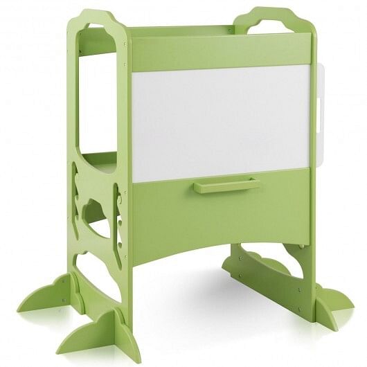Kids Height Adjustable Kitchen Step Stool Toddlers Kitchen Helper w/ Chalkboard-Coffee