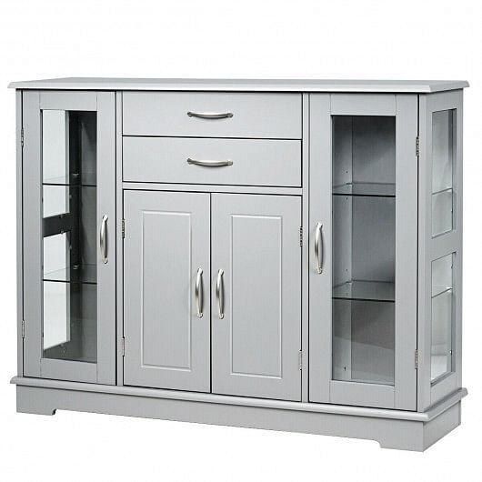 Sideboard Buffet Server Storage Cabinet with 2 Drawers and Glass Doors-White