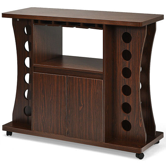 Rolling Buffet Sideboard Wooden Bar Storage Cabinet-Walnut