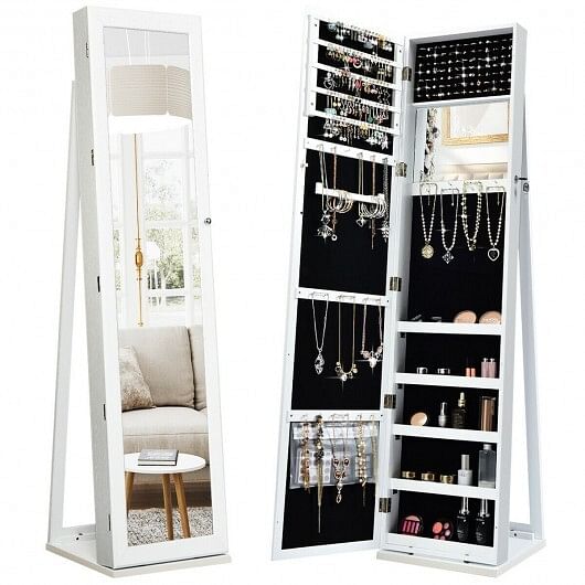 Standing Lockable Jewelry Storage Organizer with Full-Length Mirror-White