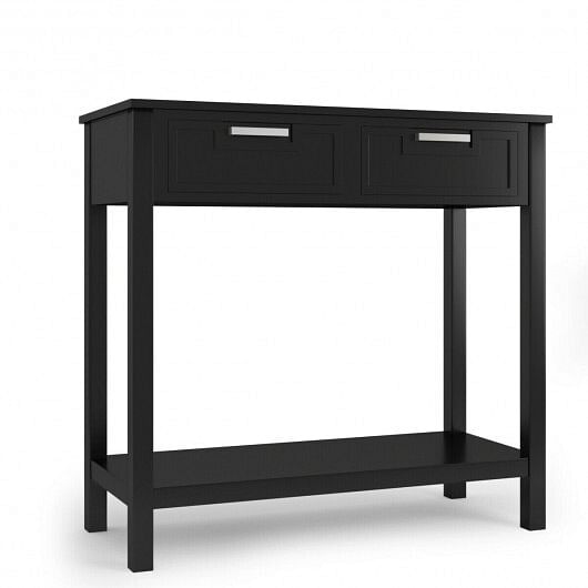 Narrow Console Table with Drawers and Open Storage Shelf-Black