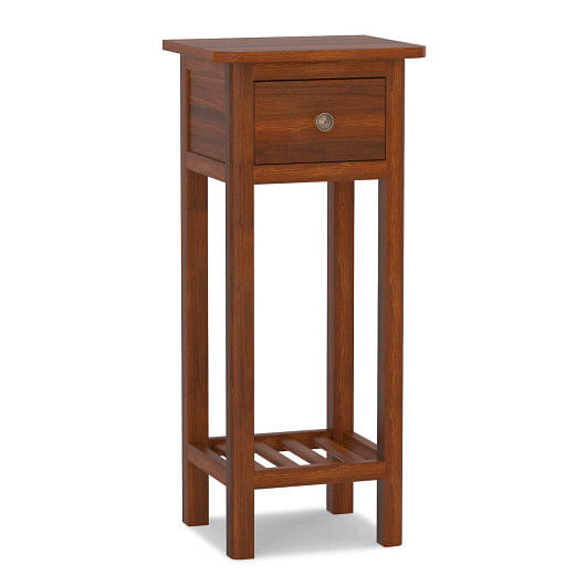 2 Tier Slim Nightstand Bedside Table with Drawer Shelf-Brown