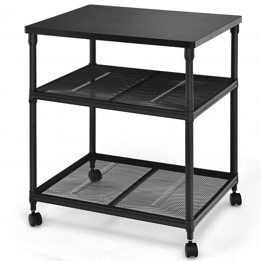 3 Tier Printer Stand Rolling Fax Cart with Adjustable Shelf and Swivel Wheels