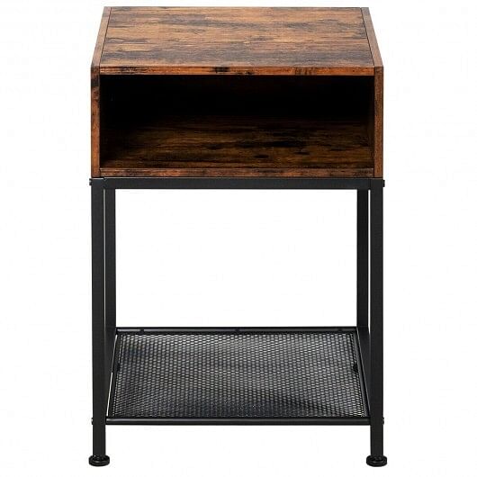 Industrial Nightstand End Side Table with Mesh Shelf