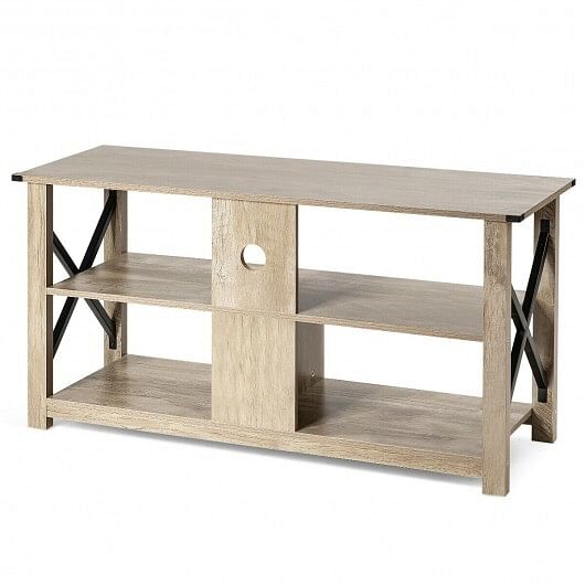 3 Tier Wood TV Stand for 55-Inch with Open Shelves and X-Shaped Frame-Black