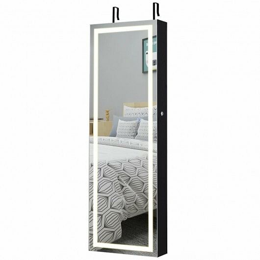 Mirrored Jewelry Armoire with Full Length Mirror and 2 Internal LED Lights-Black