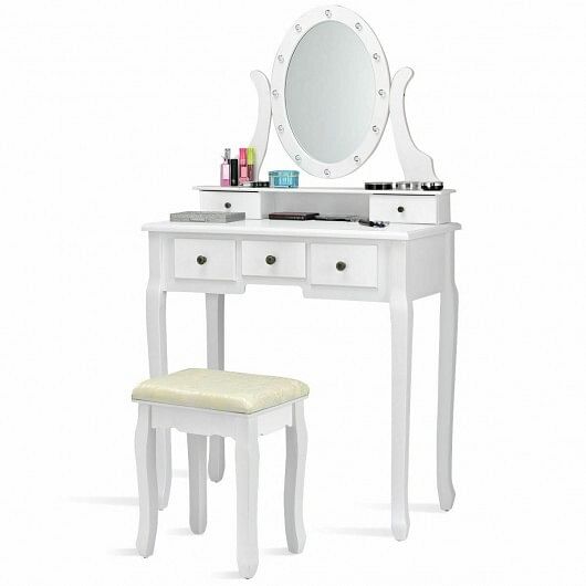 5 Drawers Vanity Table Stool Set with 12-LED Bulbs-Black