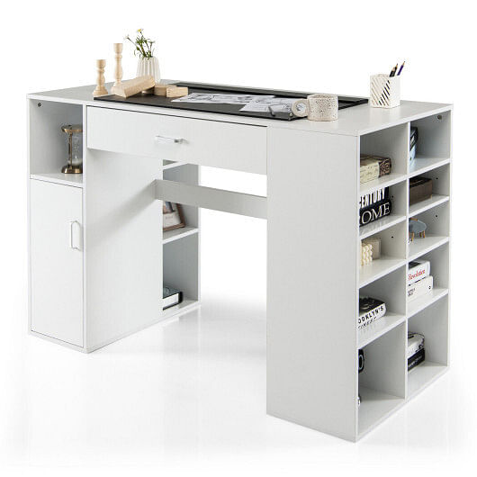 Counter Height Sewing Craft Table Computer Desk with Adjustable Shelves and Drawer-White