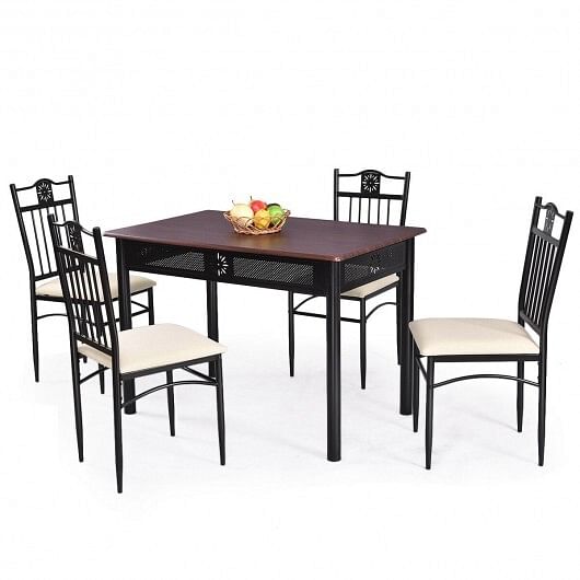 5 Pcs Dining Set Wood Metal Table and 4 Chairs with Cushions