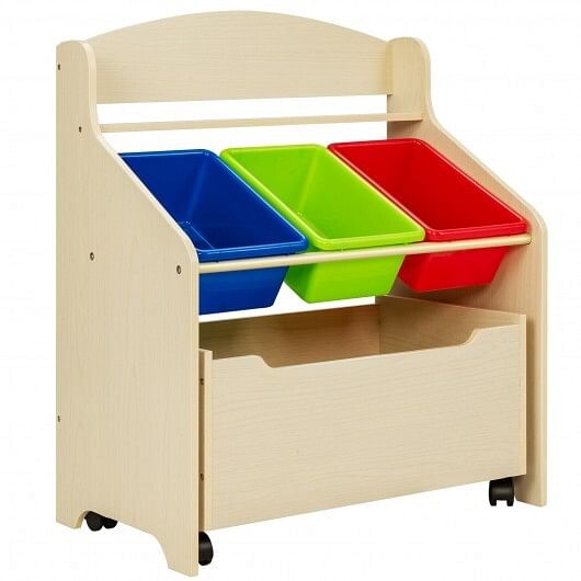 Kids Wooden Toy Storage Unit Organizer with Rolling Toy Box and Plastic Bins-Natural