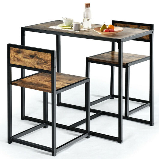 3 Pcs Dining Set Compact Table and 2 Chair with Metal Frame for for Small Space-Coffee