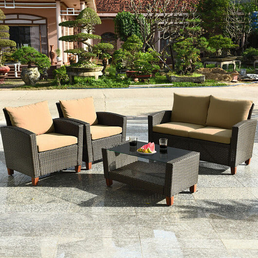 4 Pieces Patio Rattan Furniture Set with Cushions