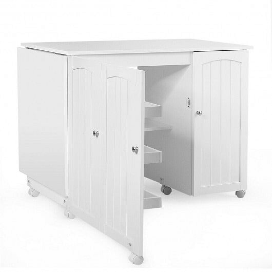 Folding Sewing Table Shelves Storage Cabinet Craft Cart with Wheels-White