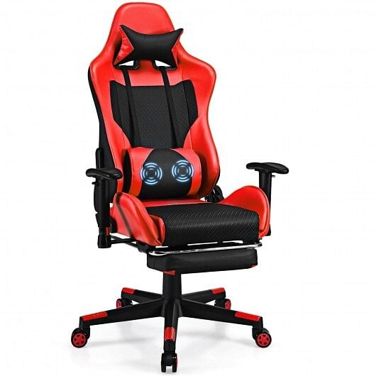 PU Leather Gaming Chair with USB Massage Lumbar Pillow and Footrest-Red