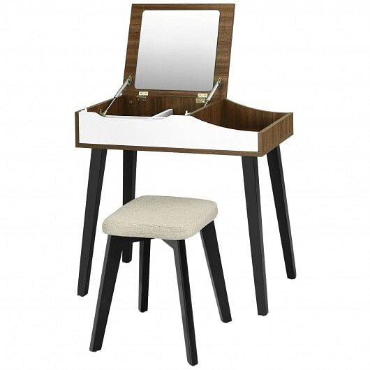 Vanity Table Set with Flip Top Mirror and Padded Stool-Brown