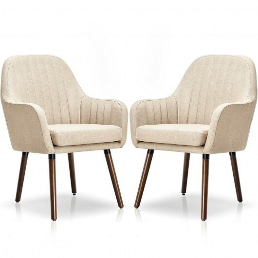 Set of 2 Fabric Upholstered Accent Chairs with Wooden Legs-Beige