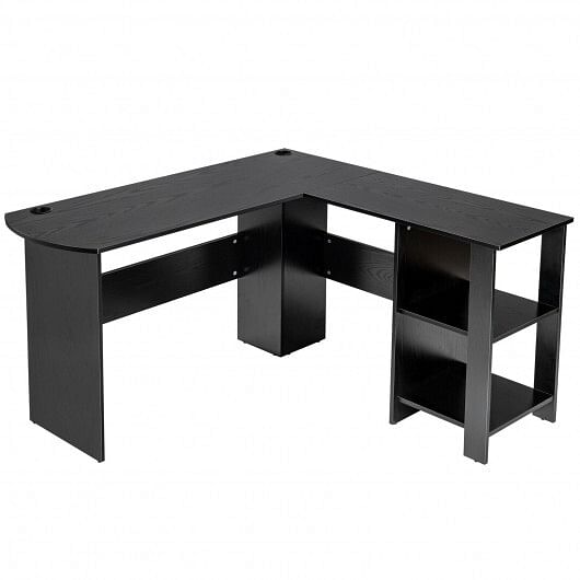 Modern L-Shaped Computer Desk with Shelves-Black