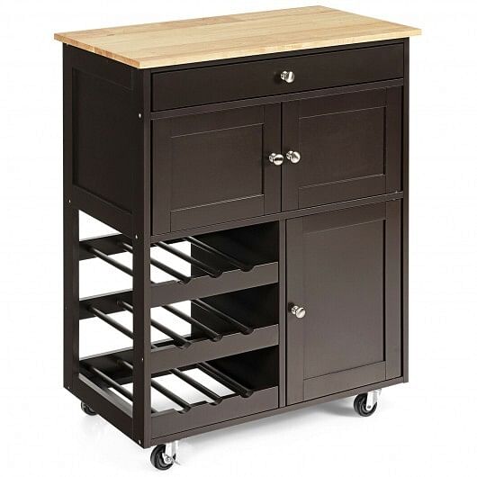 Kitchen Cart with Rubber Wood Top 3 Tier Wine Racks 2 Cabinets-White