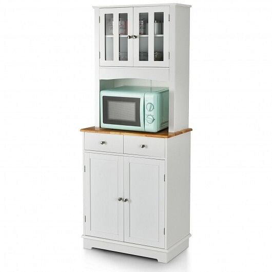 Kitchen Pantry Cabinet with Wood Top and Hutch-White