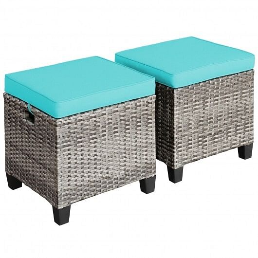 2PCS Patio Rattan Wicker Ottoman Seat with Removable Cushions-Turquoise