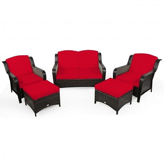 5 Pieces Patio Rattan Sofa Set with Cushion and Ottoman-Off White