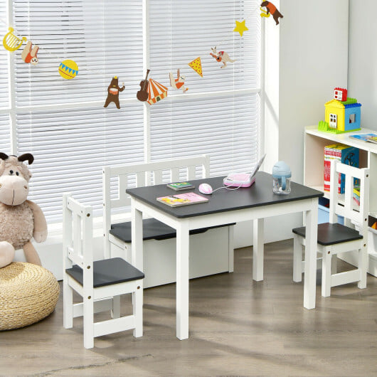 4 Pieces Kids Wooden Activity Table and Chairs Set with Storage Bench and Study Desk-Gray - Image 2
