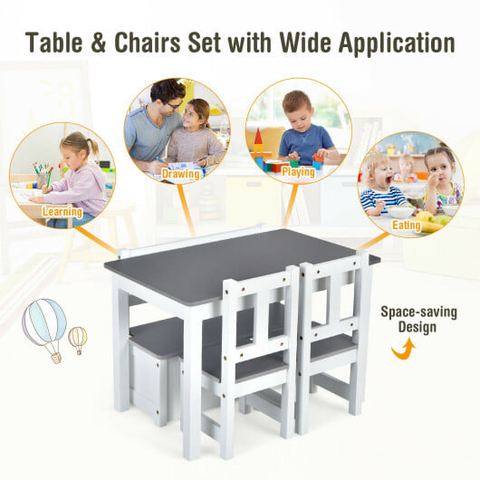 4 Pieces Kids Wooden Activity Table and Chairs Set with Storage Bench and Study Desk-Gray - Image 5